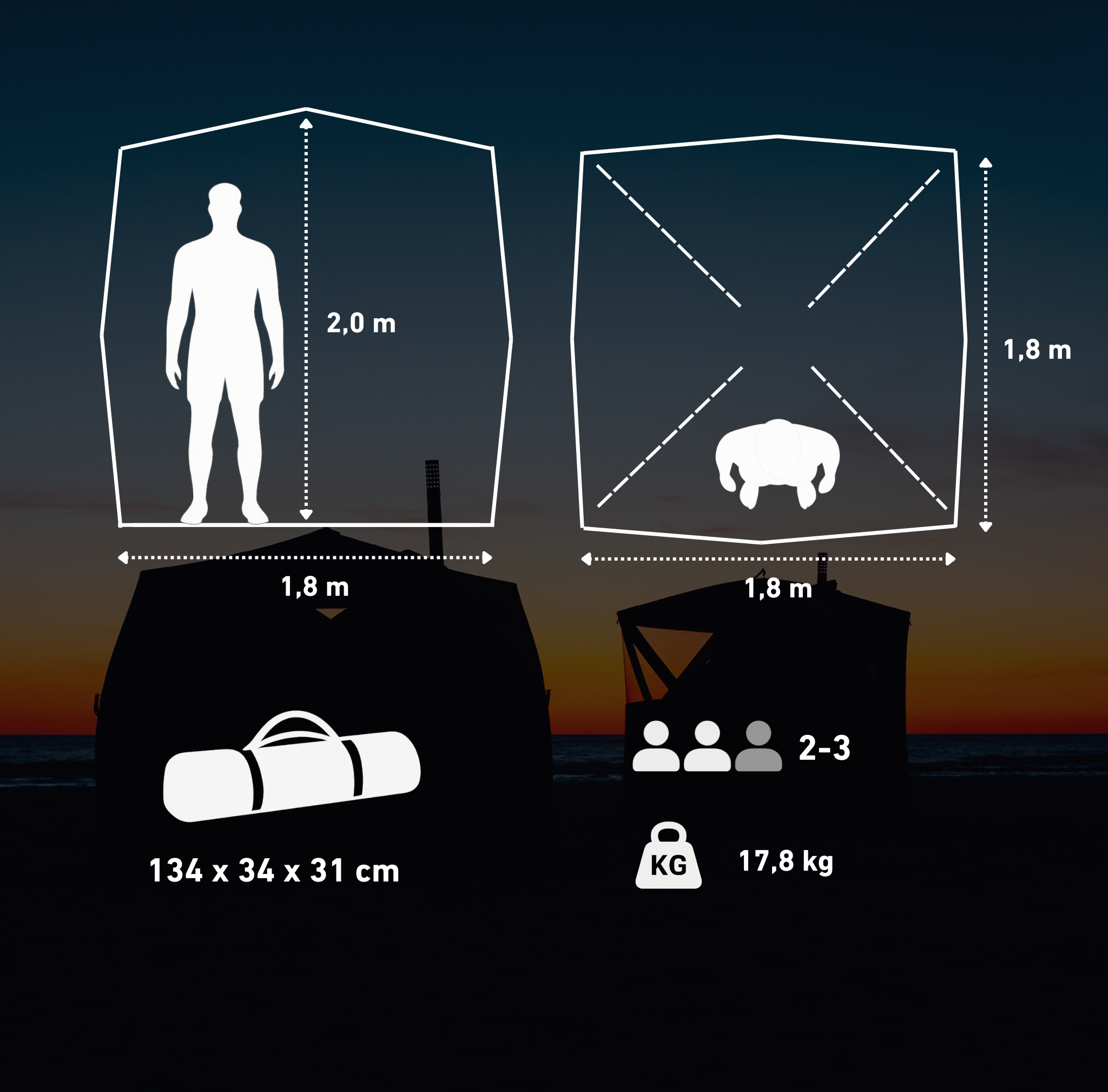 Set: Saunazelt Isen 2.0 + Ofen + Sauna-Zubehör + Regenschutz + zweistufige Bank