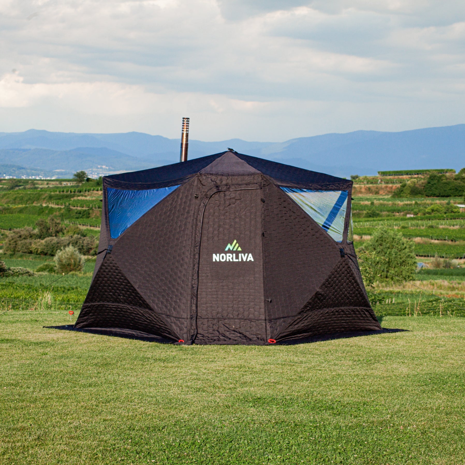 Set : Tente de sauna Fjorden + Poêle + Protection pluie + Baignoire glacée