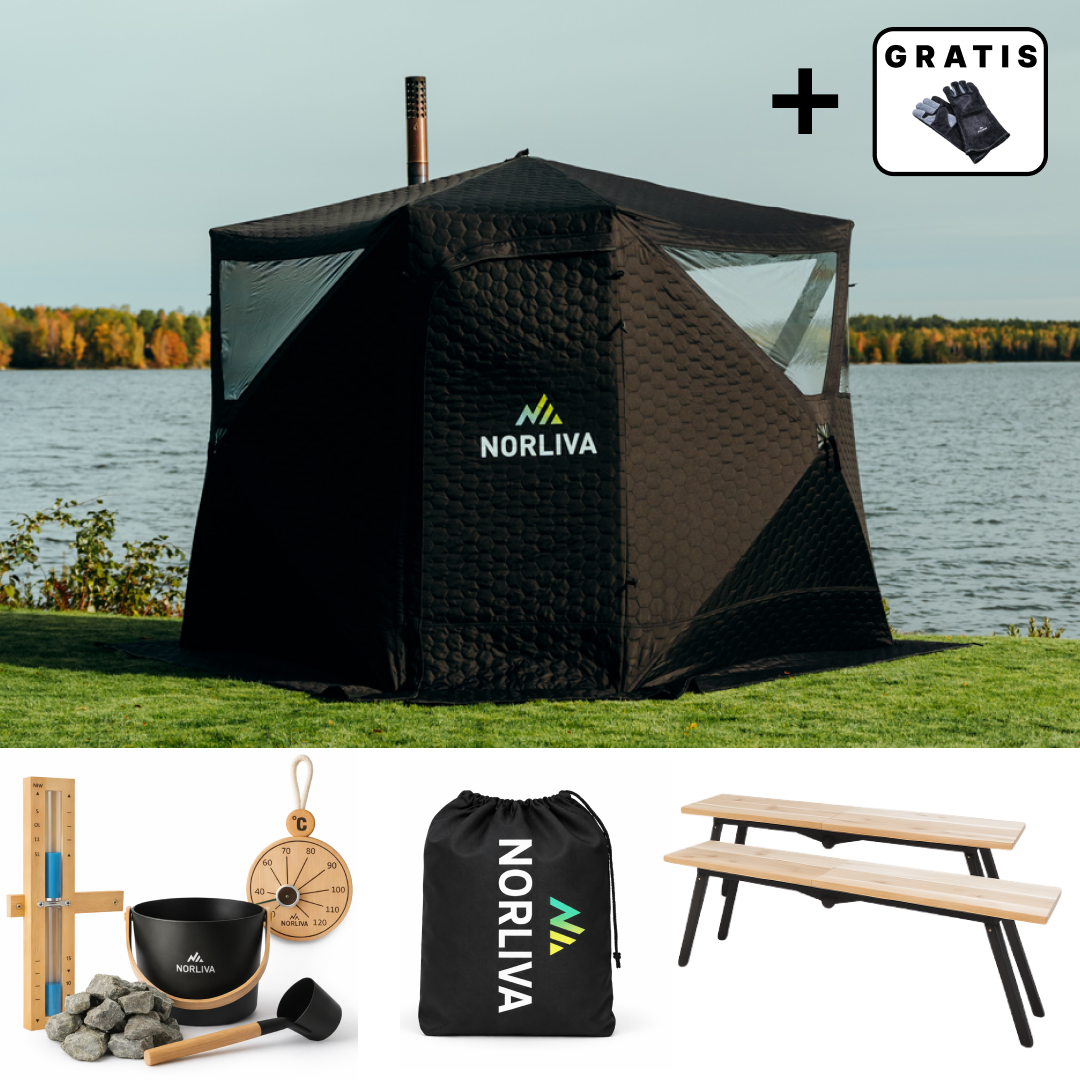 Set: Saunazelt Dalen 3.0 + Ofen + Sauna-Zubehör + Regenschutz + Bänke