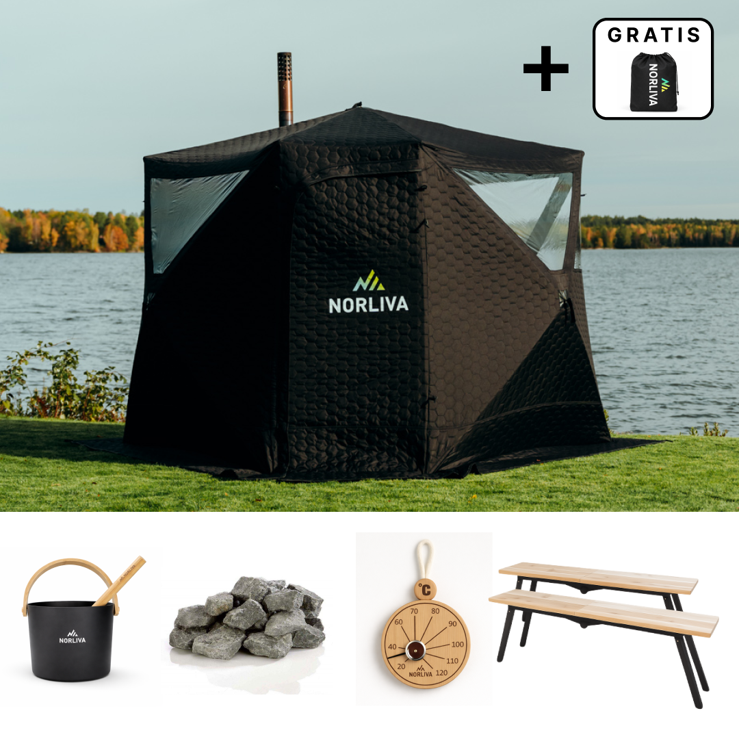 Ensemble : tente sauna Dalen 3.0 + poêle + accessoires de sauna + protection contre la pluie + bancs