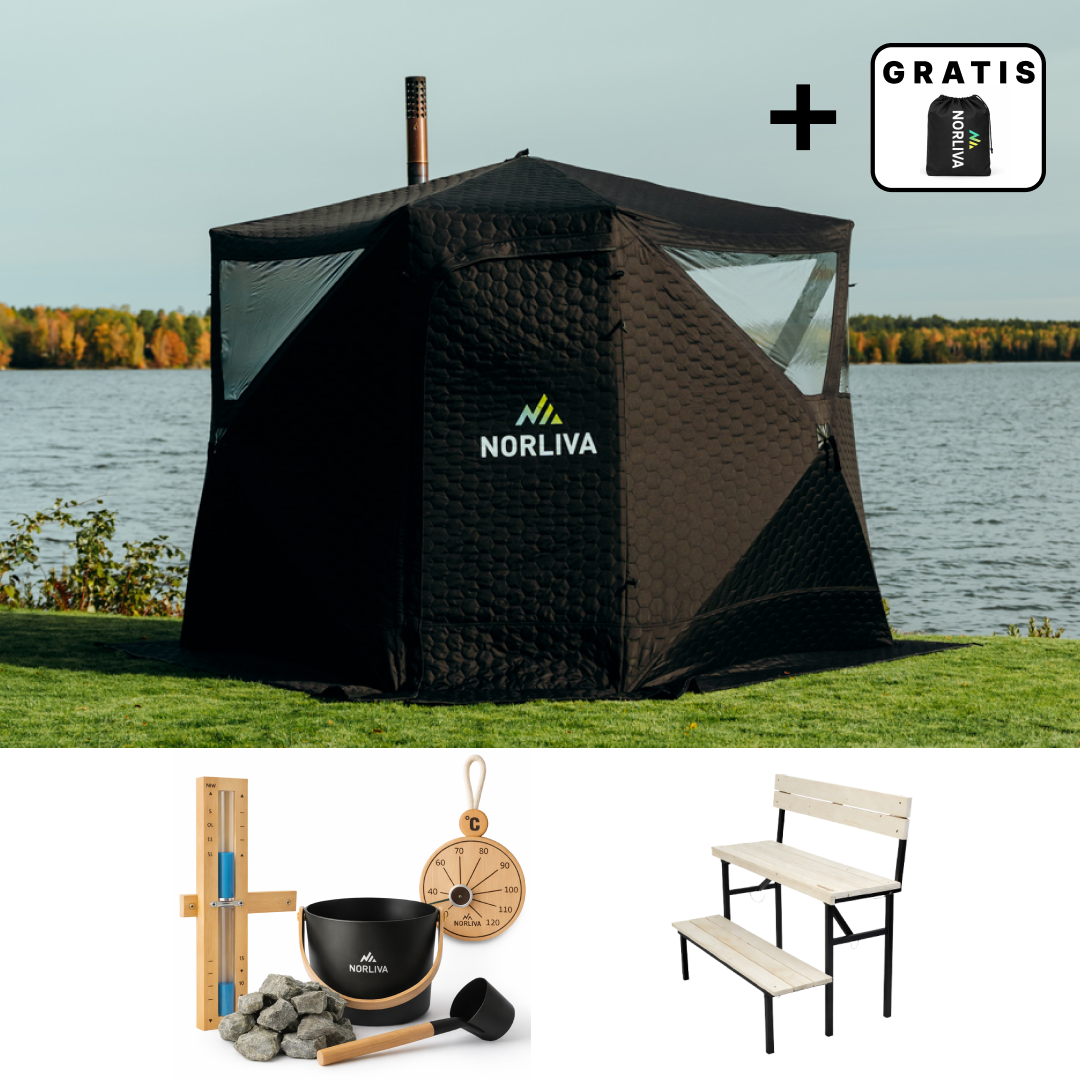 Set: Saunazelt Dalen 3.0 + Ofen + Sauna-Zubehör + zweistufige Bank