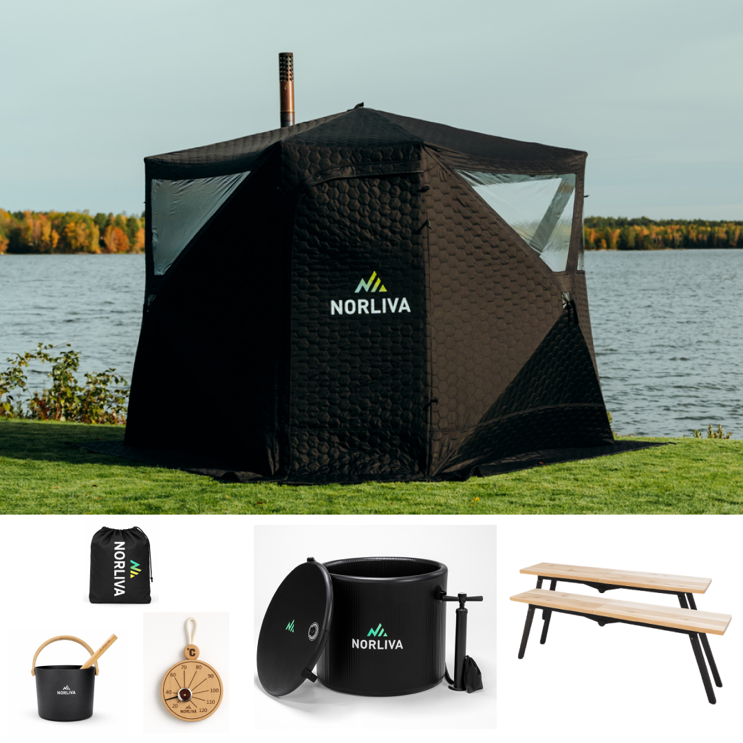 Ensemble : tente sauna Dalen 3.0 + poêle + accessoires de sauna + protection contre la pluie + bancs + tonneau de glace