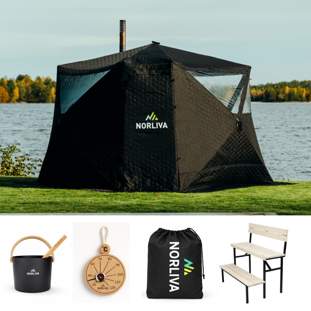 Set : tente sauna Fjorden + poêle + accessoires de sauna + banc à deux niveaux