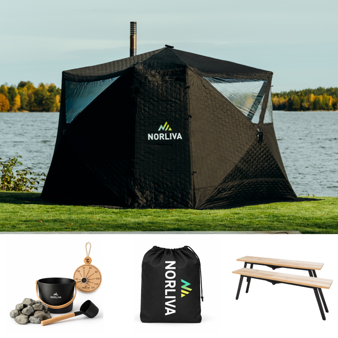 Set: Saunazelt Fjorden + Ofen + Sauna-Zubehör + Bänke
