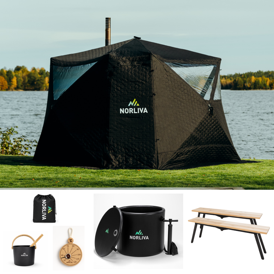 Set : tente de sauna Fjorden + poêle + accessoires de sauna + protection contre la pluie + bancs + tonneau à glace