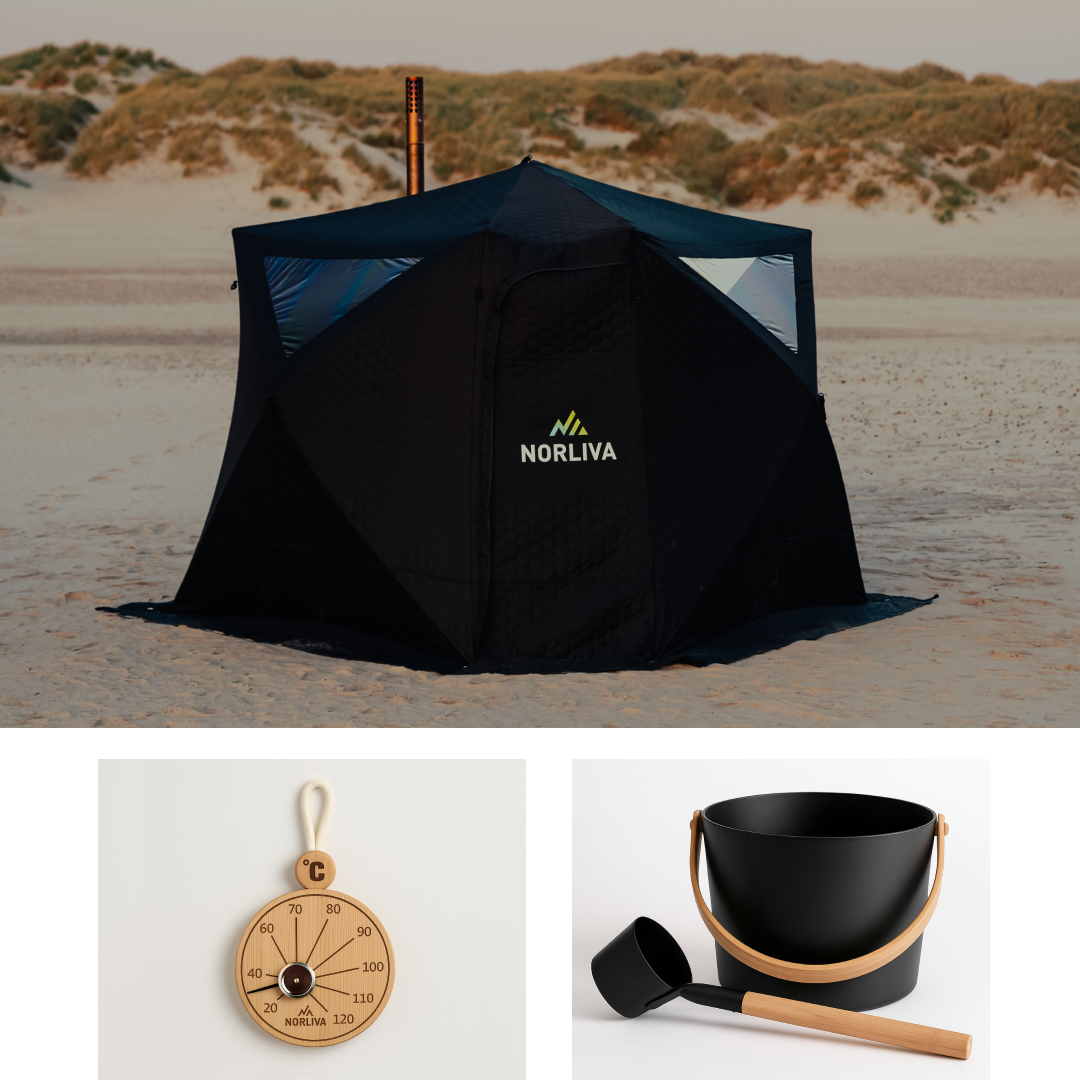 Set: Saunazelt Fjorden + Ofen + Sauna-Zubehör