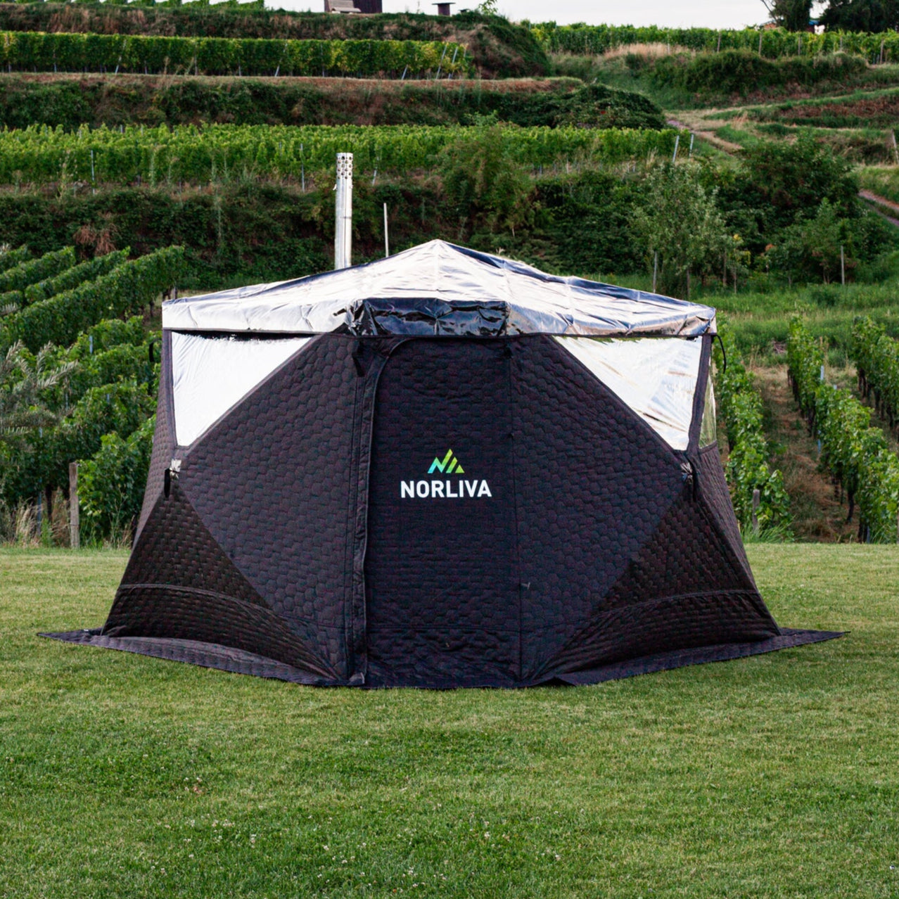 Set : Tente de sauna Fjorden + Poêle + Protection pluie + Baignoire glacée