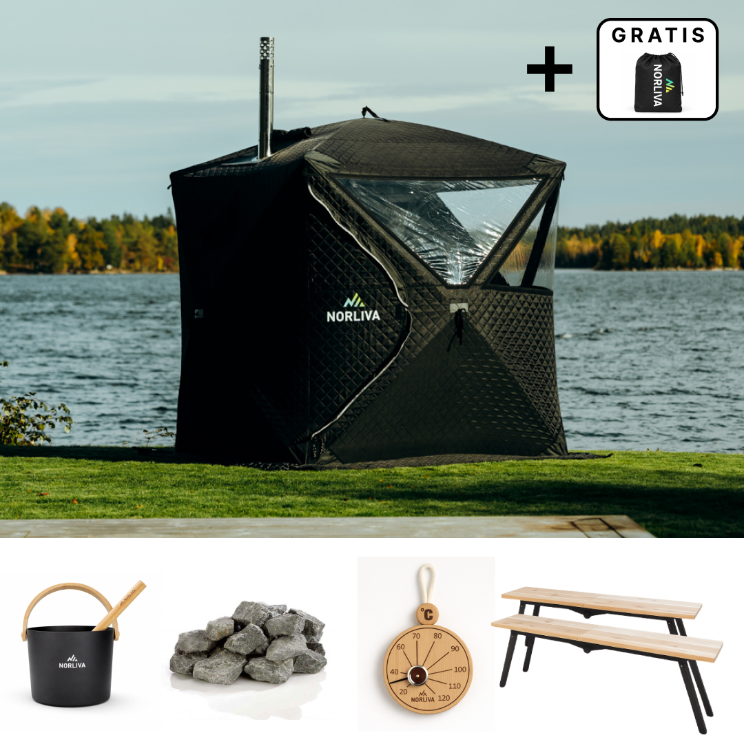 Ensemble : tente sauna Isen 3.0 + poêle + accessoires de sauna + protection contre la pluie + bancs