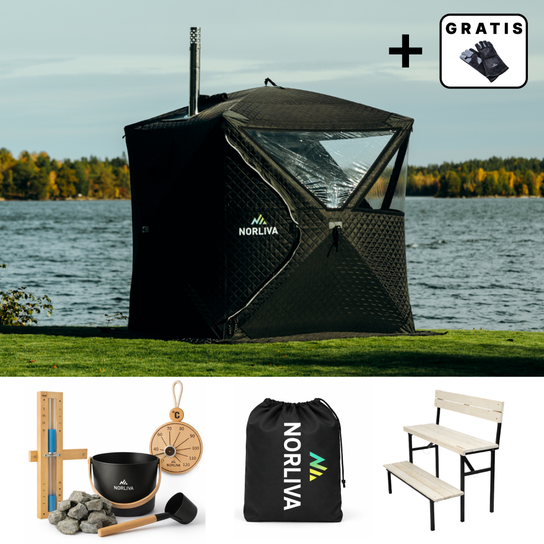 Set: Saunazelt Isen 2.0 + Ofen + Sauna-Zubehör + Regenschutz + zweistufige Bank