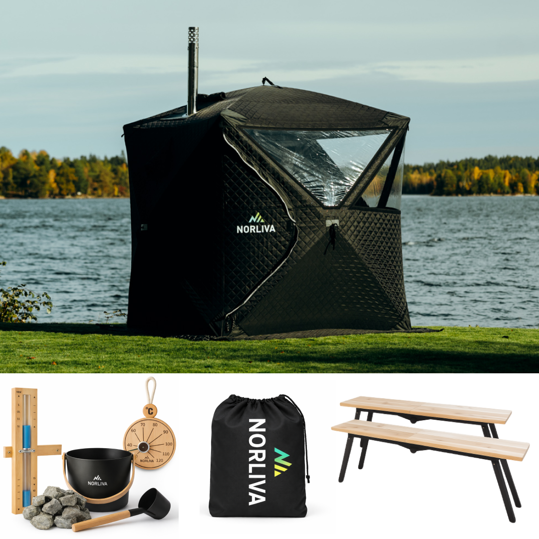 Set: Saunazelt Isen 2.0 + Ofen + Sauna-Zubehör + Regenschutz + Bänke