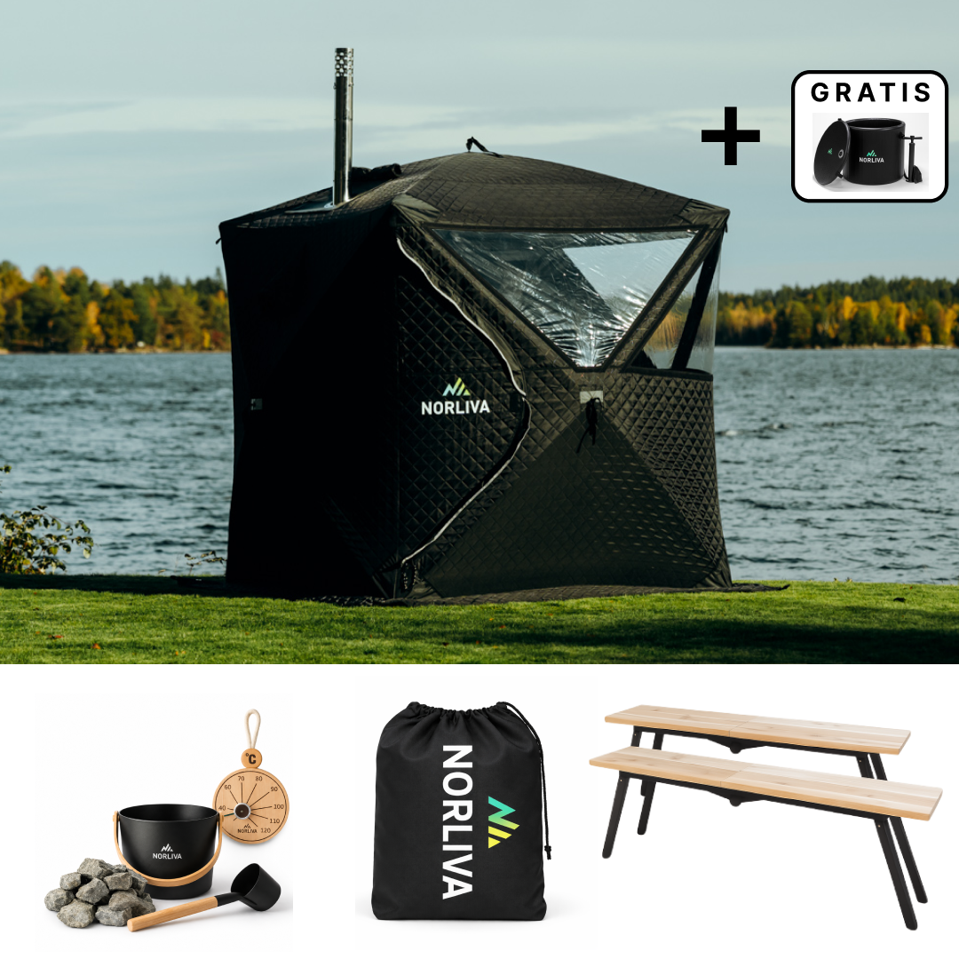 Set: Saunazelt Isen 3.0 + Ofen + Sauna-Zubehör + Regenschutz + Bänke