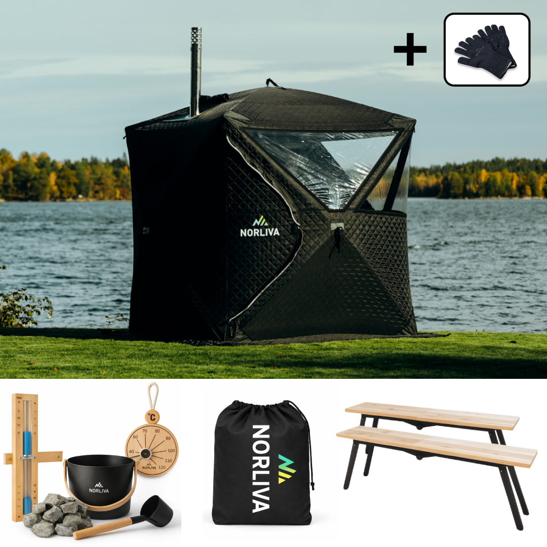 Set: Saunazelt Isen 2.0 + Ofen + Sauna-Zubehör + Regenschutz + Bänke