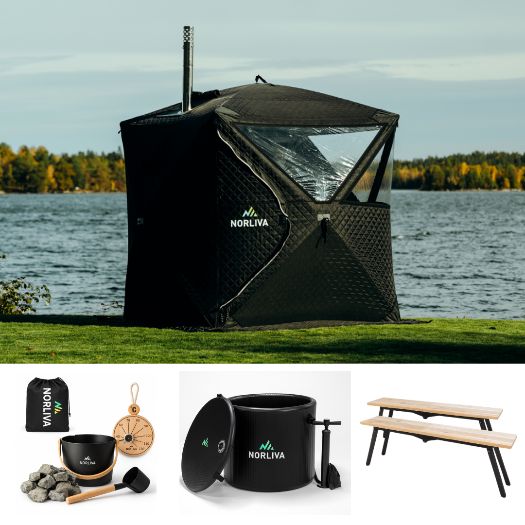 Set: Saunazelt Isen 3.0 + Ofen + Sauna-Zubehör + Regenschutz + Bänke + Eistonne