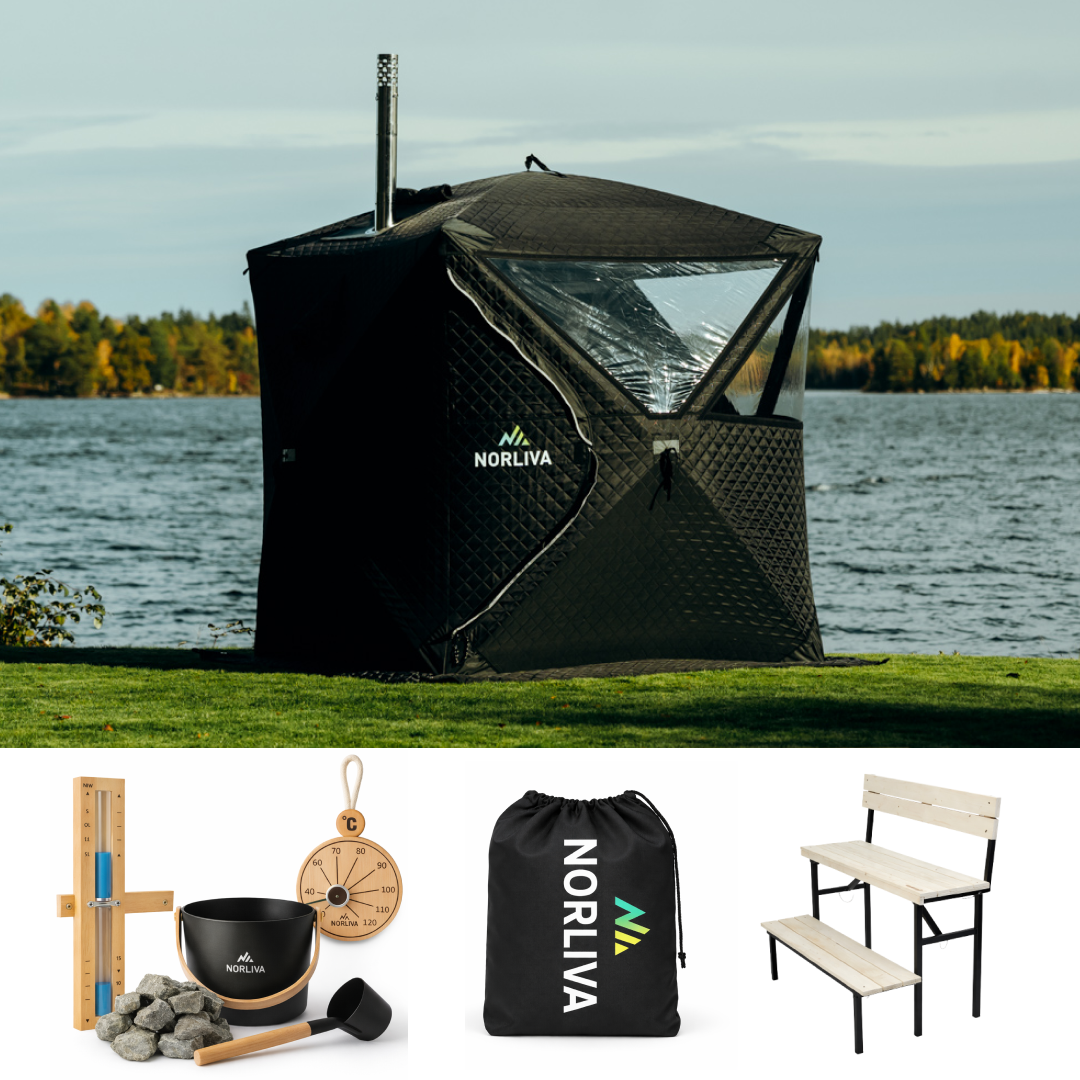 Set: Saunazelt Isen 2.0 + Ofen + Sauna-Zubehör + Regenschutz + zweistufige Bank