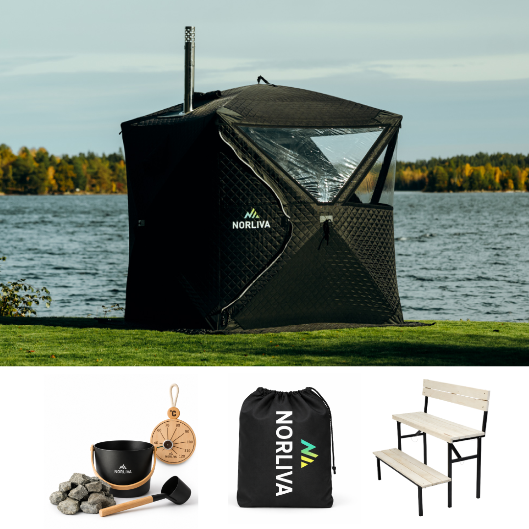 Set: Saunazelt Isen 3.0 + Ofen + Sauna-Zubehör + Regenschutz + zweistufige Bank