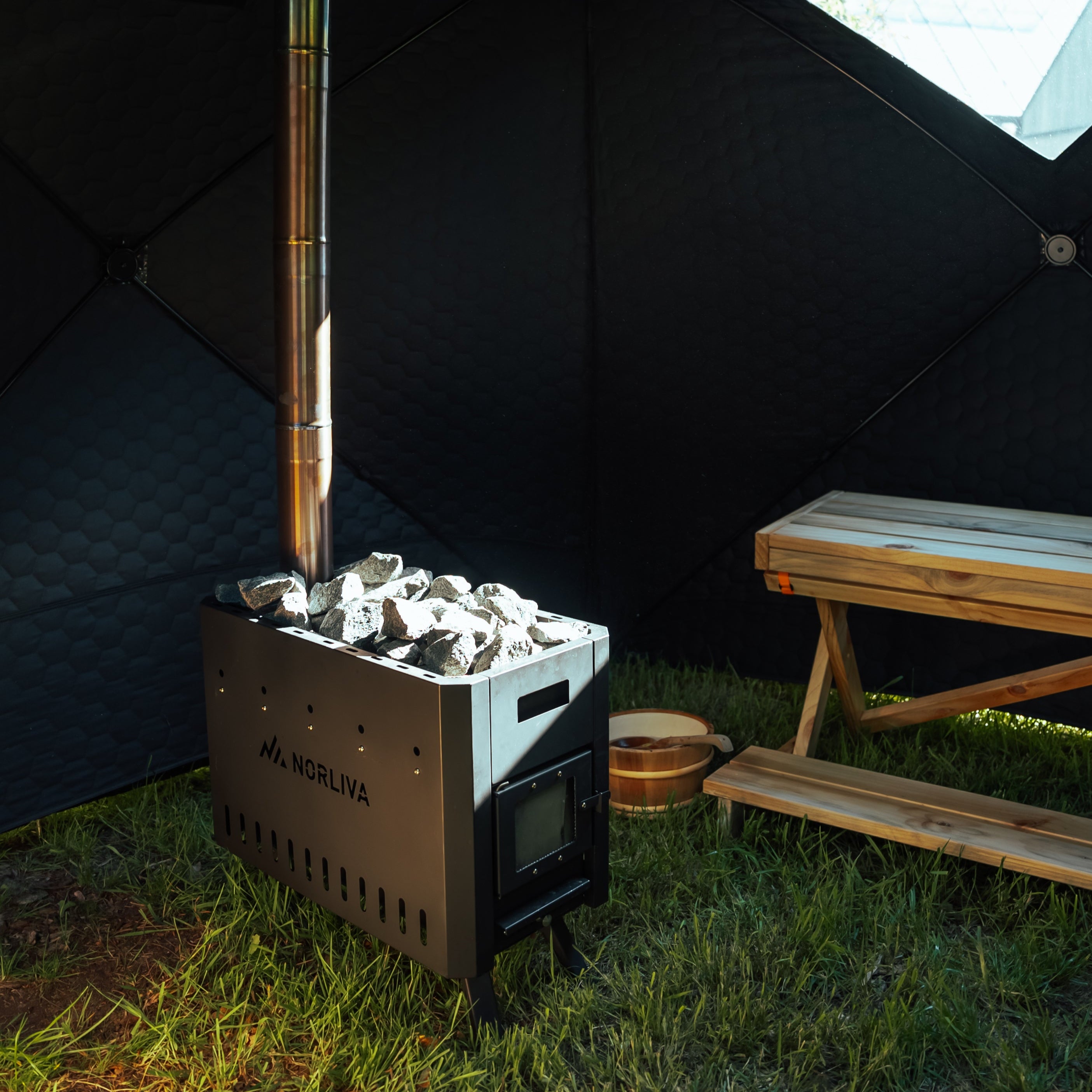 Ensemble : tente sauna Fjorden + poêle + accessoires sauna + bancs + baignoire glacée