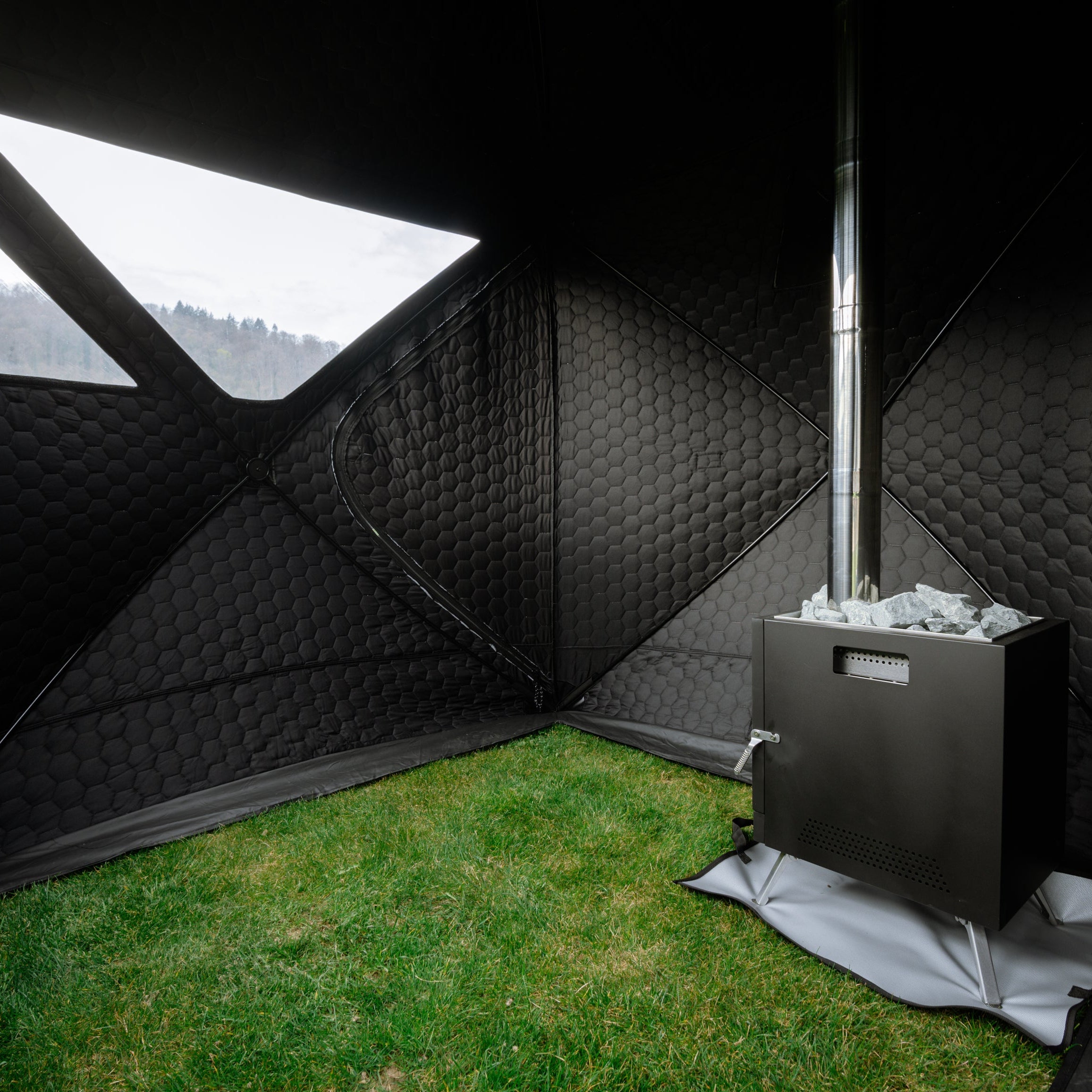 Set: Saunazelt Isen 2.0 + Ofen + Sauna-Zubehör + Regenschutz + zweistufige Bank