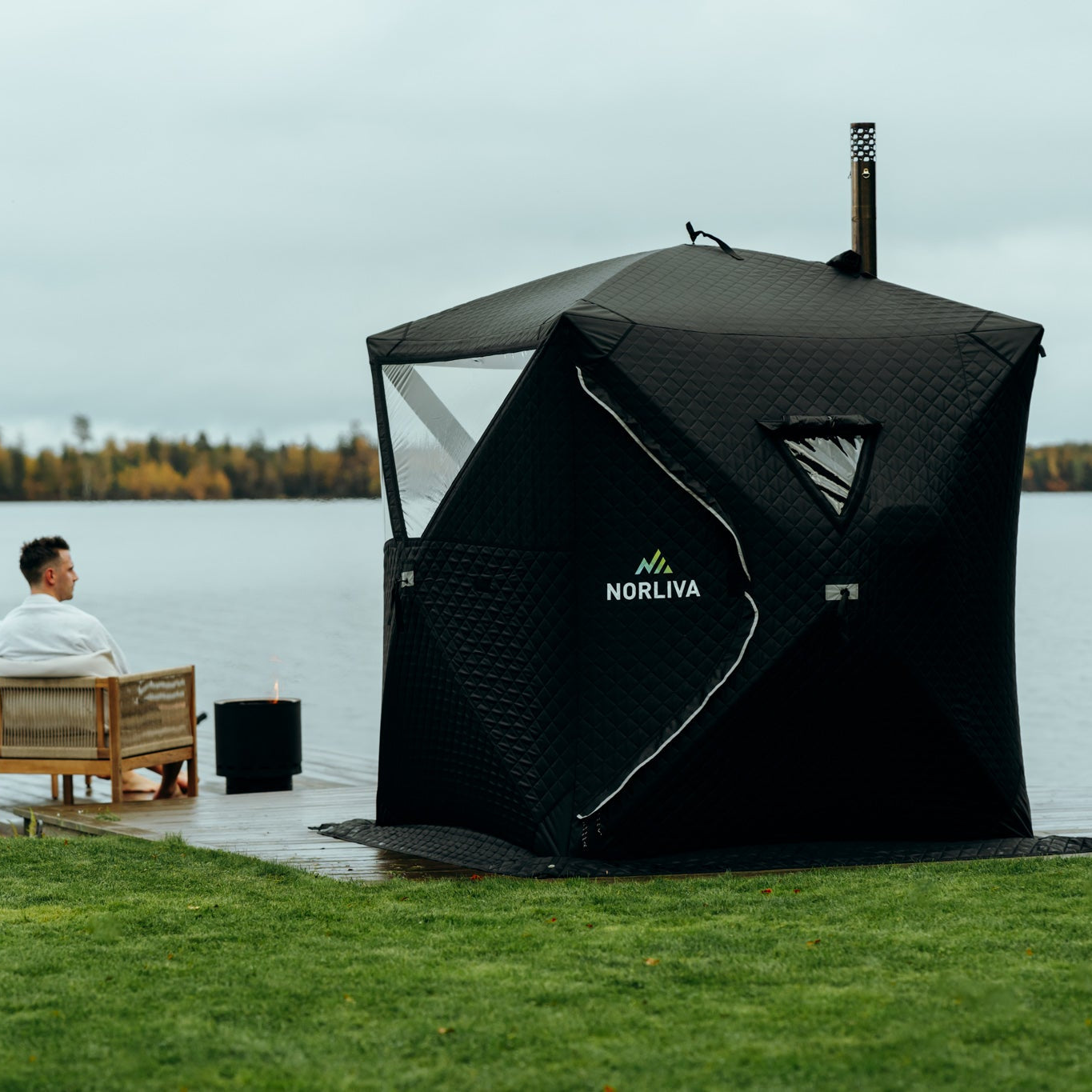 Set: Saunazelt Isen 2.0 + Ofen + Sauna-Zubehör + Regenschutz + zweistufige Bank