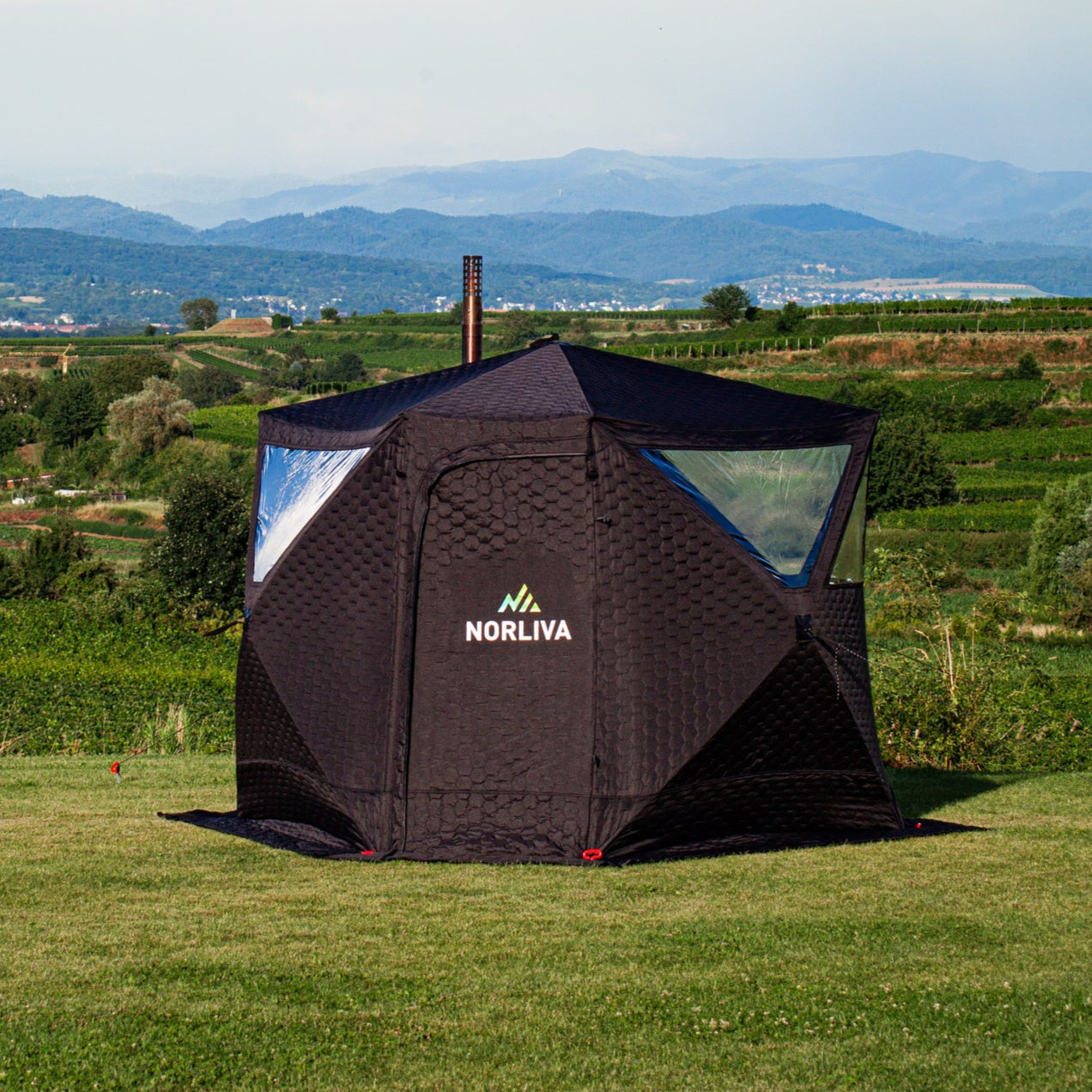 Ensemble : tente sauna Dalen + poêle + bancs + tonneau à glace
