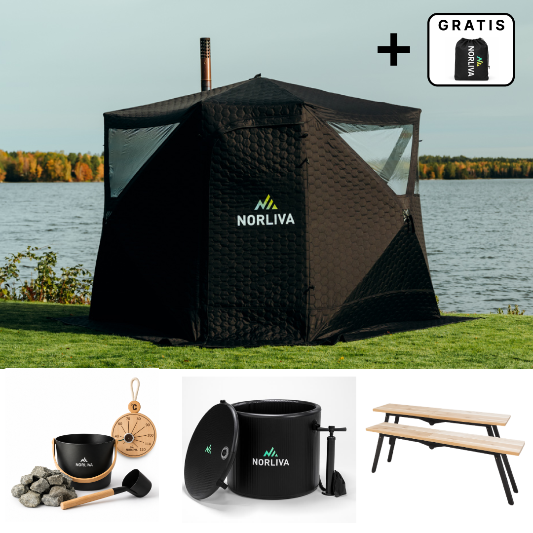 Ensemble : tente sauna Dalen 3.0 + poêle + accessoires de sauna + protection contre la pluie + bancs + tonneau de glace