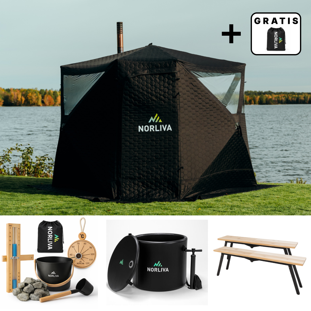 Set: Saunazelt Dalen 3.0 + Ofen + Sauna-Zubehör + Bänke + Eistonne