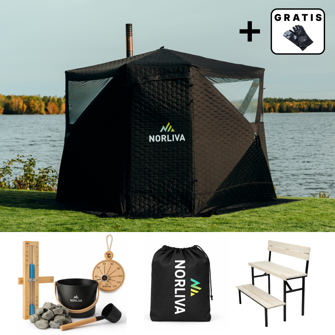 Set: Saunazelt Dalen 3.0 + Ofen + Sauna-Zubehör + Regenschutz + zweistufige Bank