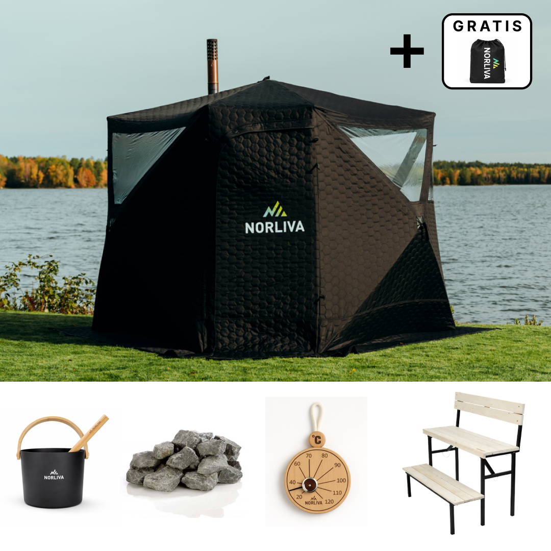Ensemble : tente sauna Dalen 3.0 + poêle + accessoires de sauna + protection contre la pluie + banc à deux niveaux