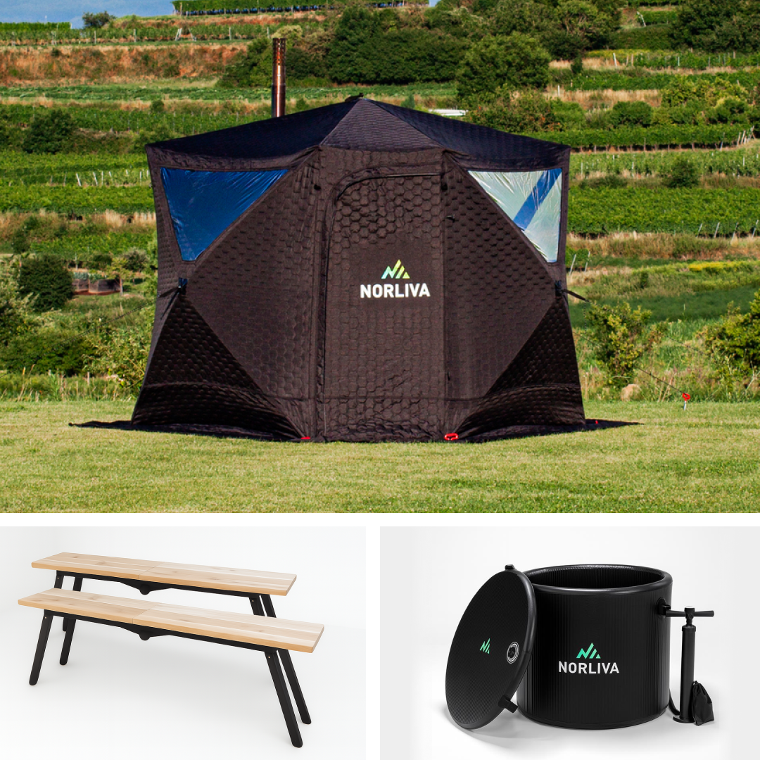 Ensemble : tente sauna Dalen + poêle + bancs + tonneau à glace