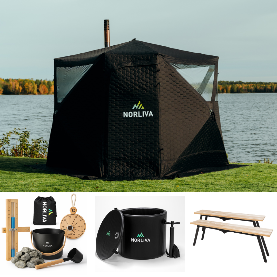 Ensemble : Tente sauna Dalen 3.0 + Poêle + Accessoires de sauna + Housse de protection contre la pluie + Bancs + Baignoire froide