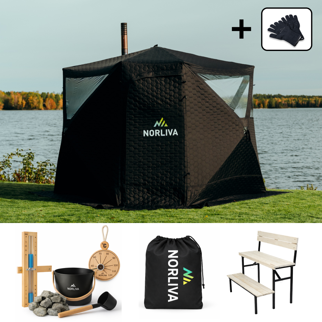 Set: Saunazelt Dalen 2.0 + Ofen + Sauna-Zubehör + Regenschutz + zweistufige Bank