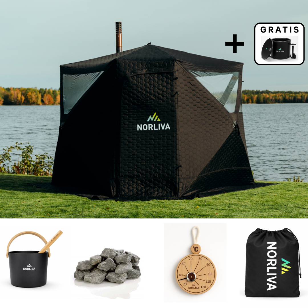 Set: Saunazelt Dalen 3.0 + Ofen + Sauna-Zubehör + Regenschutz