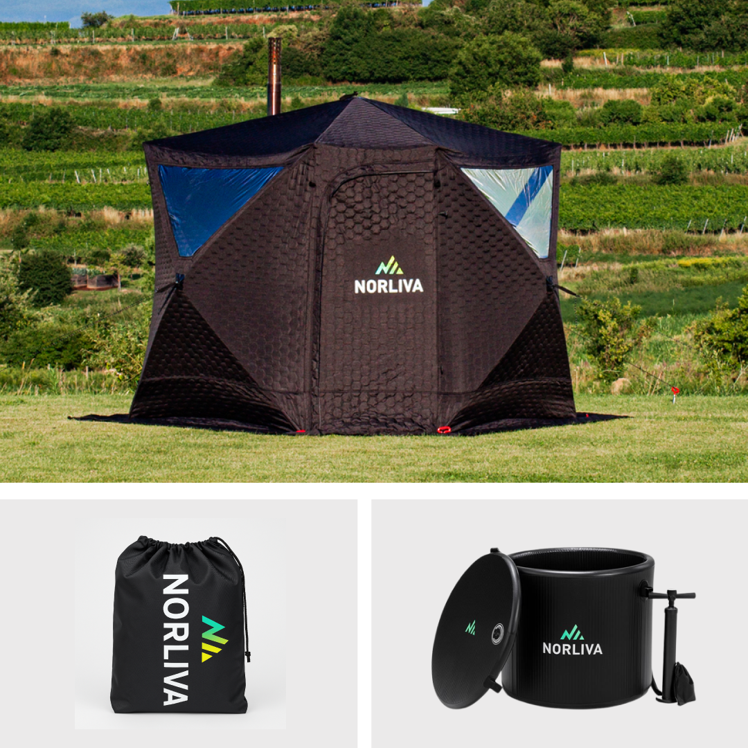 Set: Saunazelt Dalen + Ofen + Regenschutz + Eistonne