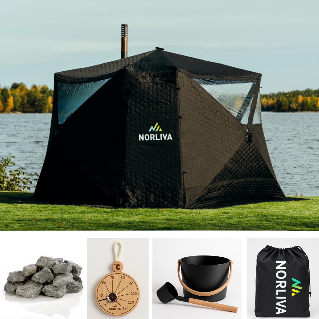 Set: Saunazelt Fjorden + Ofen + Sauna-Zubehör + Regenschutz