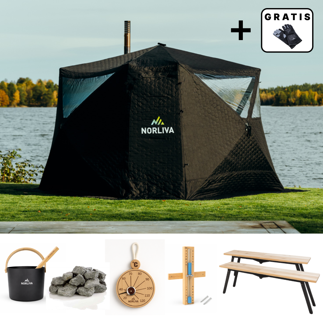 Set: Saunazelt Fjorden + Ofen + Sauna-Zubehör + Bänke