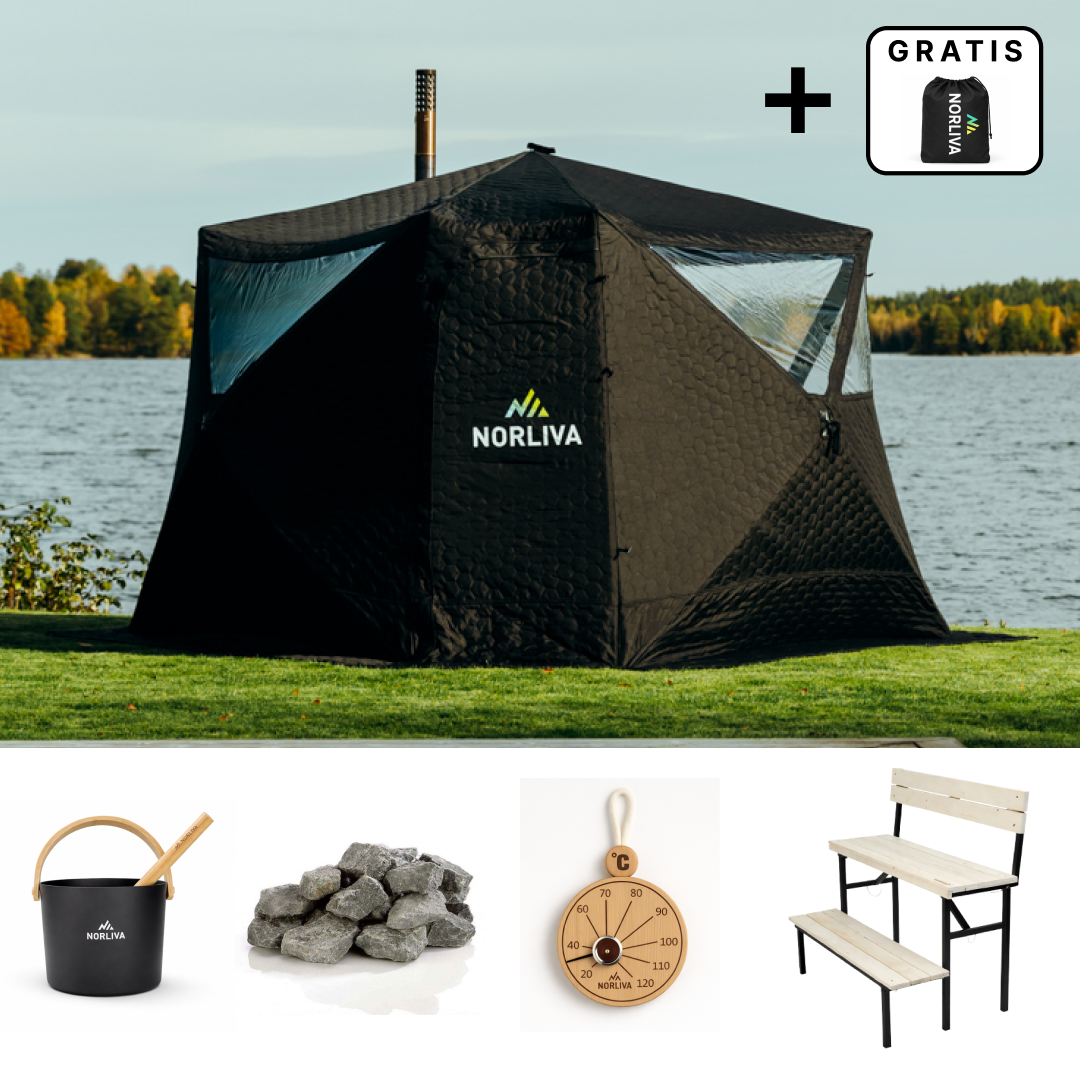 Set : tente sauna Fjorden + poêle + accessoires de sauna + banc à deux niveaux