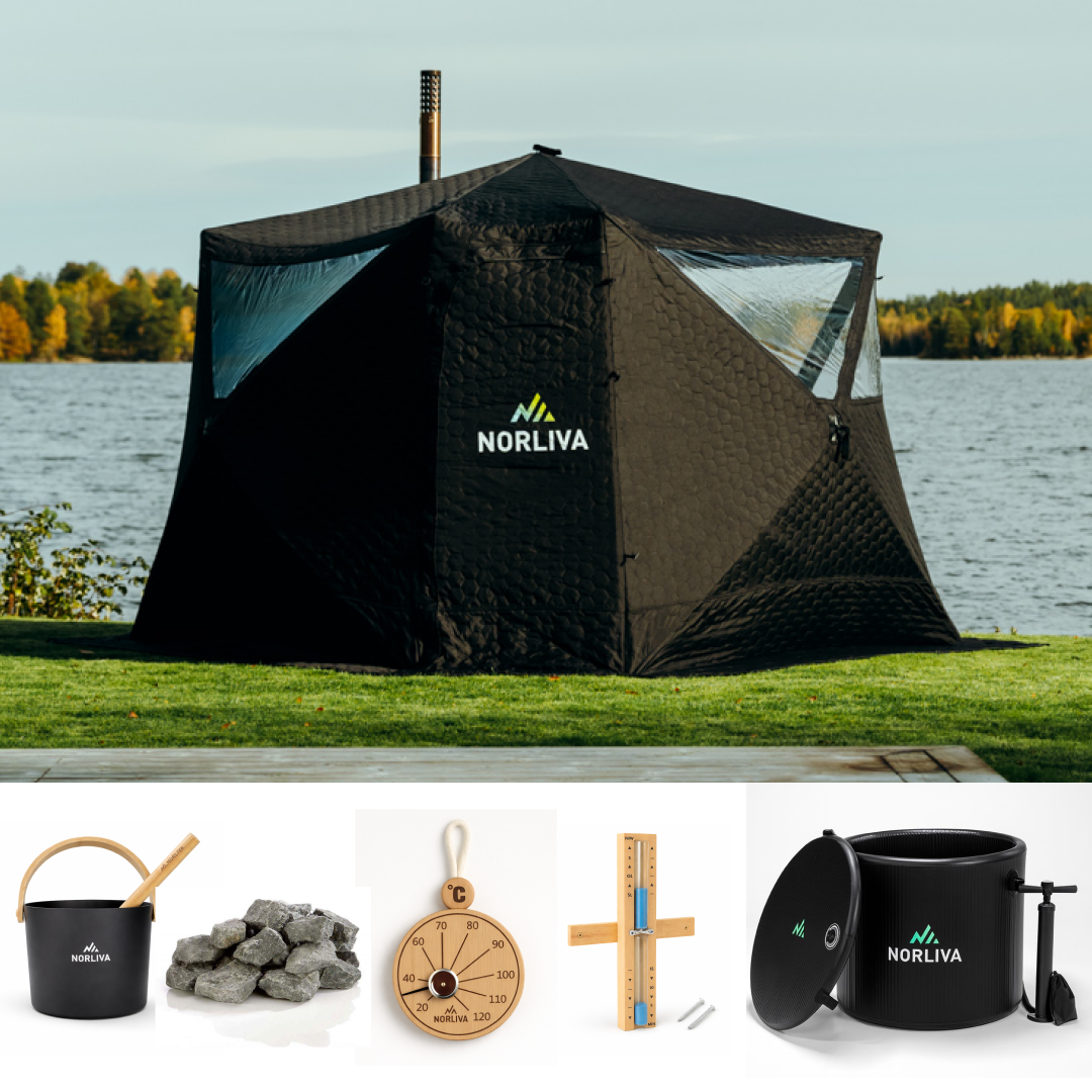 Set : tente de sauna Fjorden + poêle + accessoires de sauna + tonne à glace