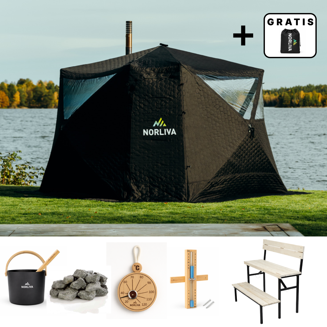 Set: Saunazelt Fjorden + Ofen + Sauna-Zubehör + zweistufige Bank