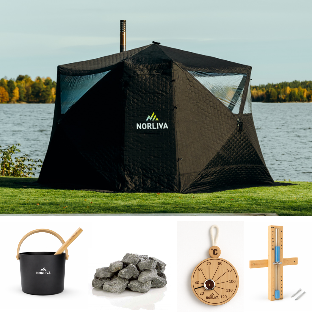 Set : Tente de sauna Fjorden + Poêle + Accessoires sauna