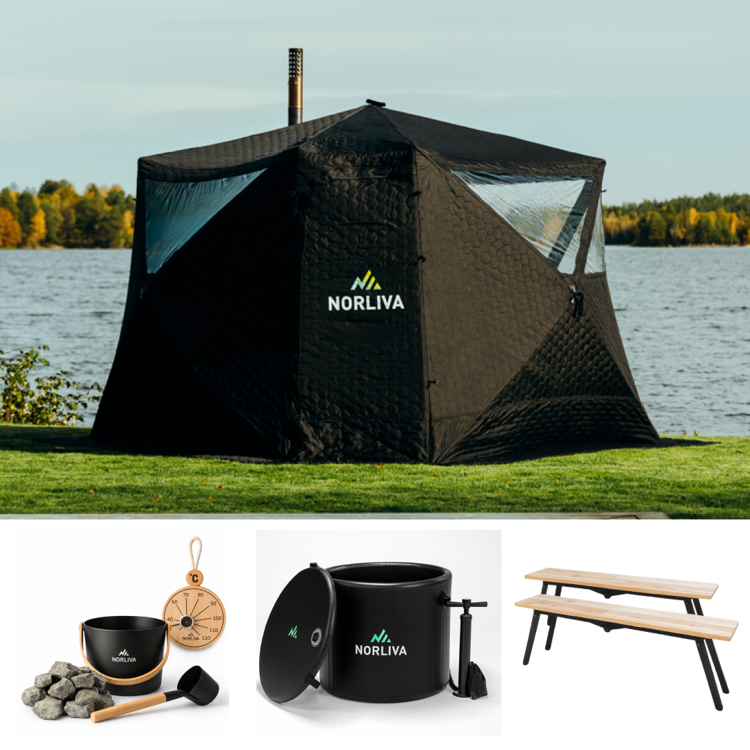 Set : tente de sauna Fjorden + poêle + accessoires de sauna + protection contre la pluie + bancs + tonneau à glace