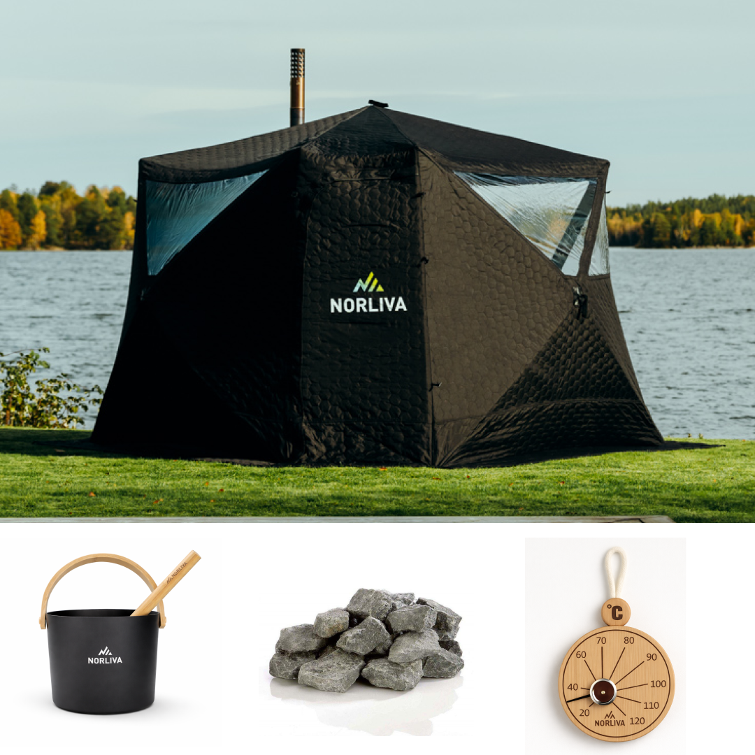 Set: Saunazelt Fjorden + Ofen + Sauna-Zubehör