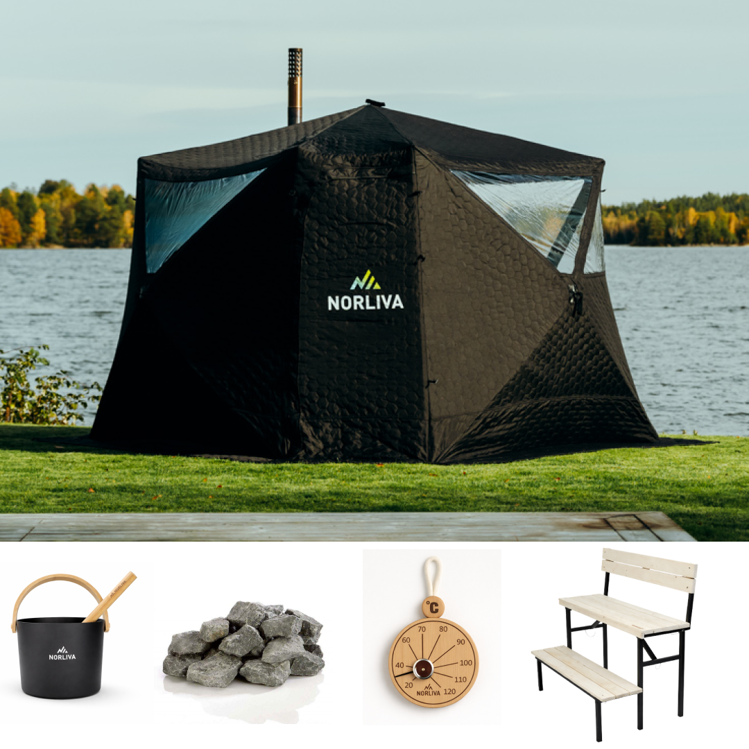 Set: Saunazelt Fjorden + Ofen + Sauna-Zubehör + zweistufige Bank