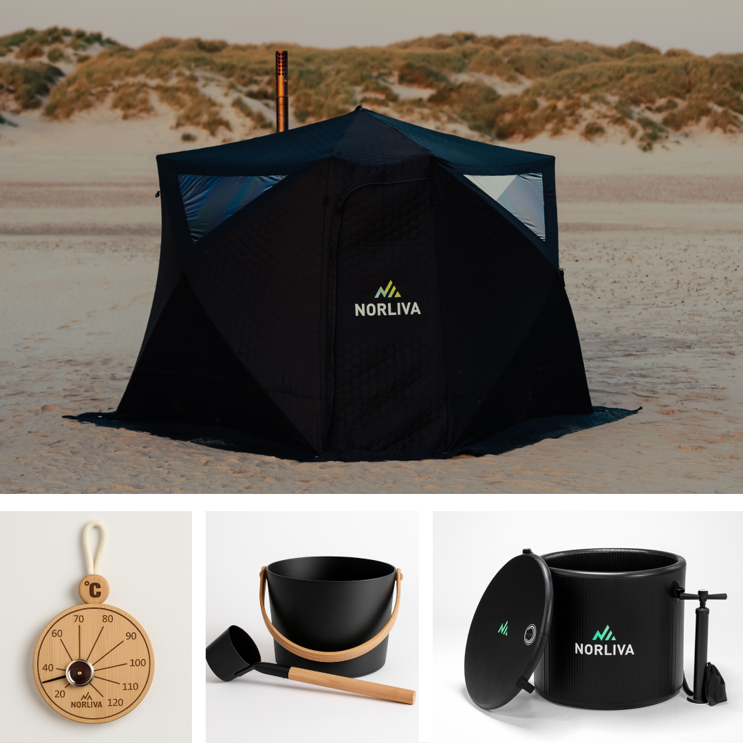 Set: Saunazelt Fjorden + Ofen + Saunazubehör + Eistonne