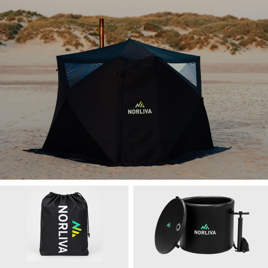 Set: Saunazelt Fjorden + Ofen + Regenschutz + Eistonne