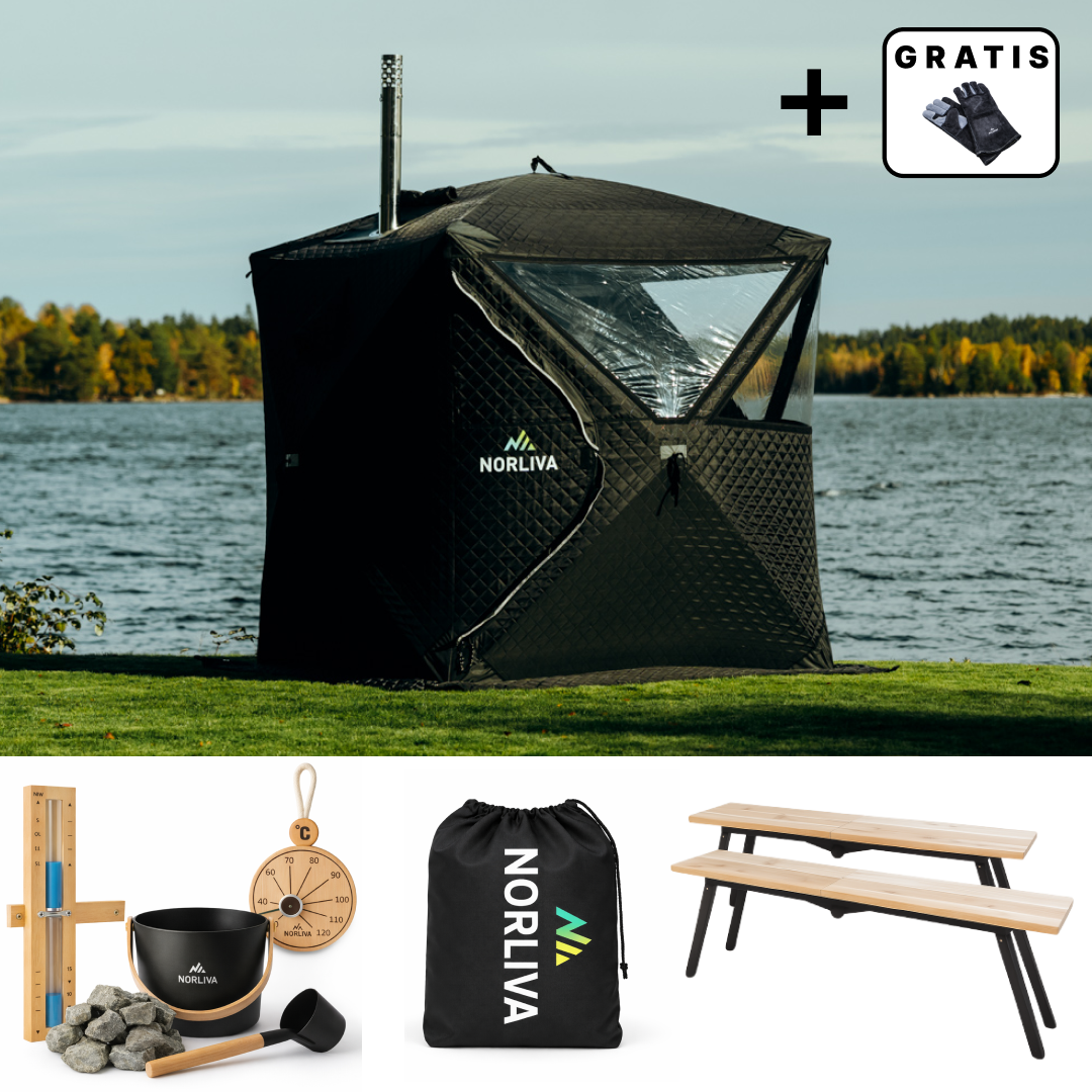 Set: Saunazelt Isen 2.0 + Ofen + Sauna-Zubehör + Regenschutz + Bänke