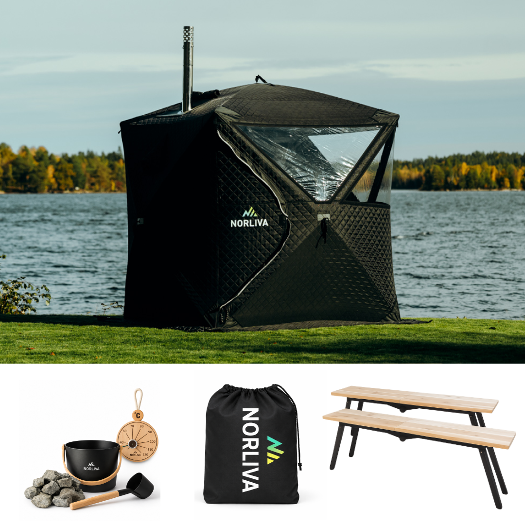 Ensemble : tente sauna Isen 3.0 + poêle + accessoires de sauna + protection contre la pluie + bancs