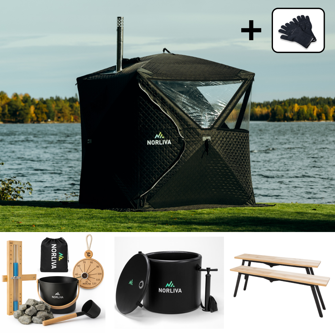 Set: Saunazelt Isen 2.0 + Ofen + Sauna-Zubehör + Regenschutz + Bänke + Eistonne