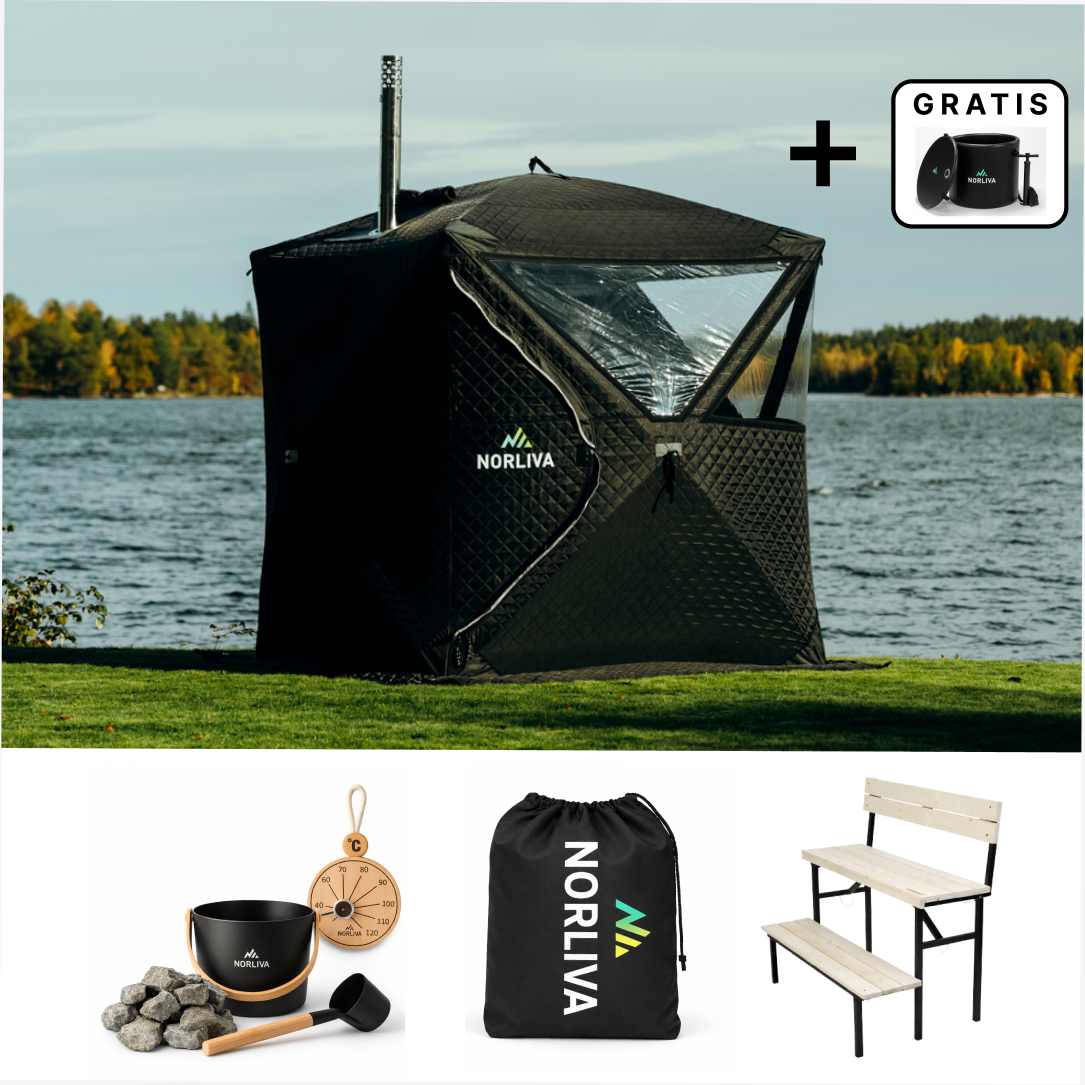 Set: Saunazelt Isen 3.0 + Ofen + Sauna-Zubehör + Regenschutz + zweistufige Bank