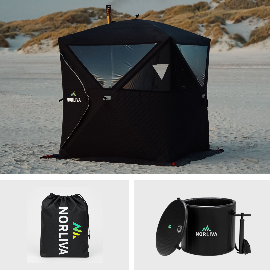 Set: Saunazelt Isen + Ofen + Regenschutz + Eistonne