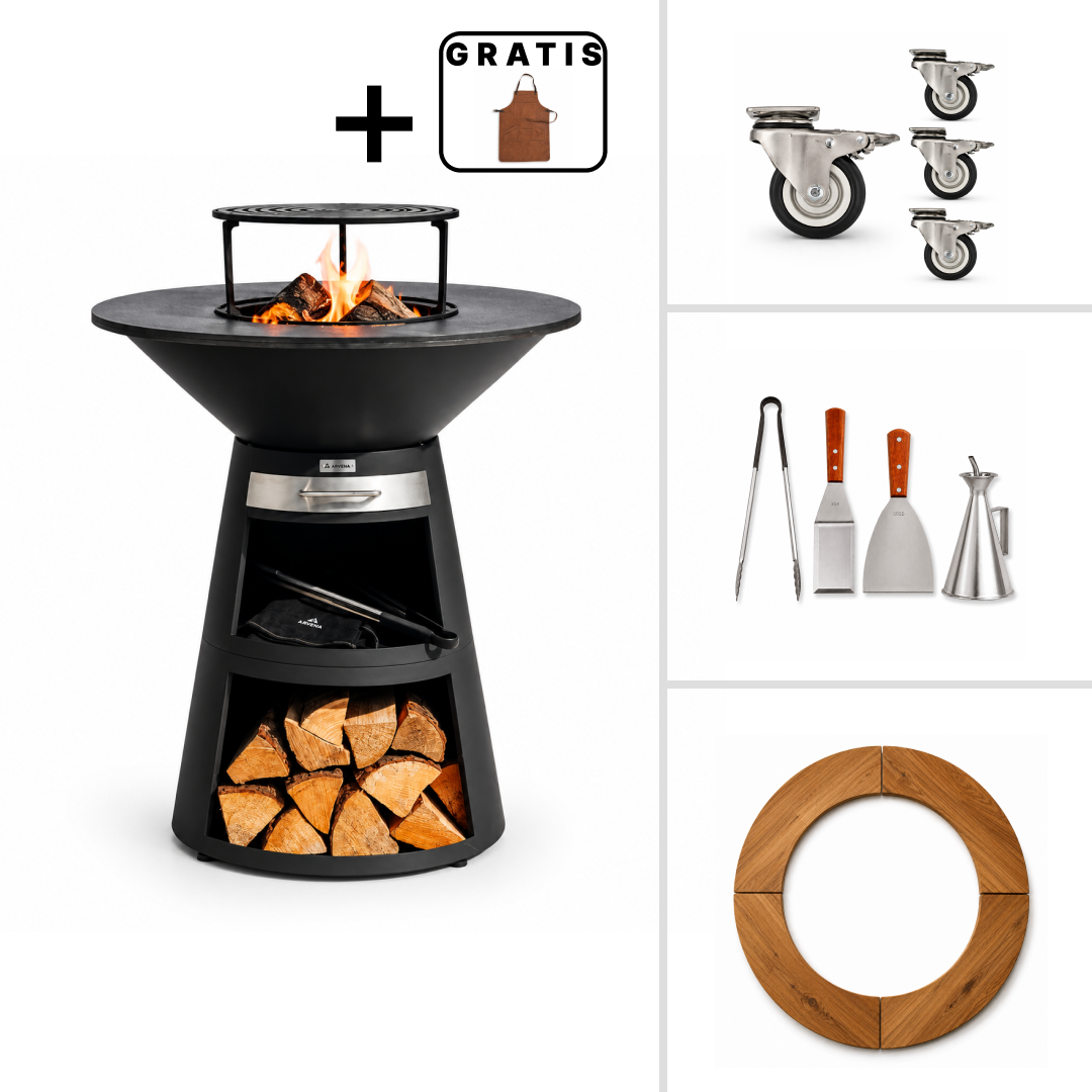 Set: Feuerplatten-Grill Aska + Grillzubehör + Rollen + Holzumrandung 4-teilig