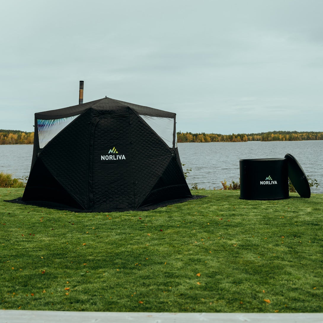 Set: Saunazelt Fjorden + Ofen + Sauna-Zubehör + Bänke + Eistonne